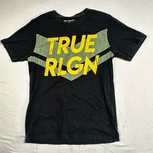 Y2K True Religion Mens Graphic Tee Black Yellow Olive Green‎ Chevron Shirt Small